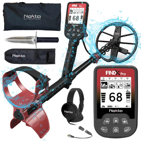 NOKTA FINDX PRO metal detector front view showing ergonomic handle for prolonged use.