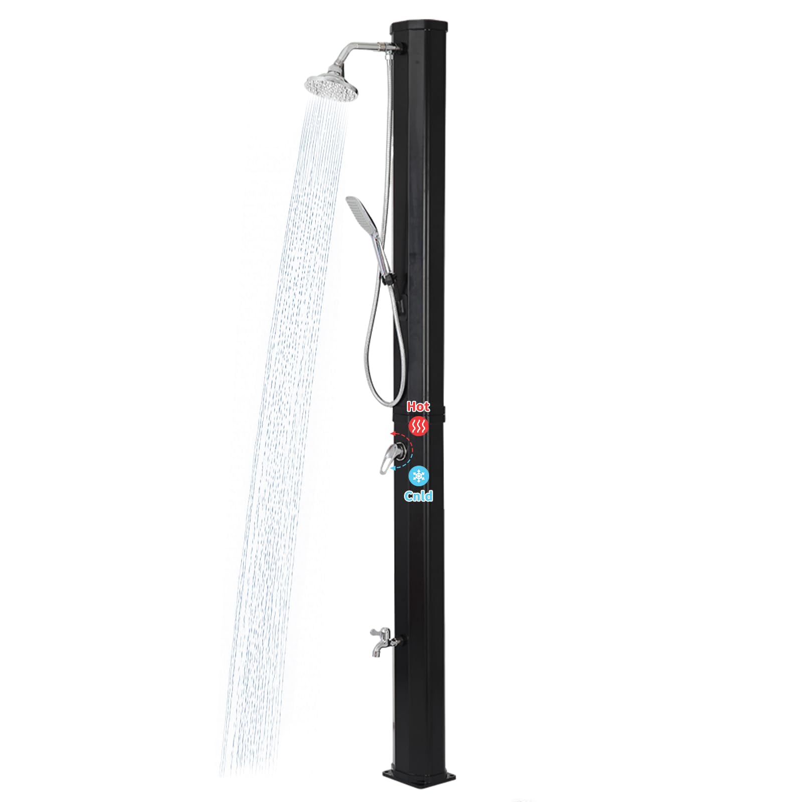 Nollapo solar heated outdoor shower front view with 9.3-gallon capacity