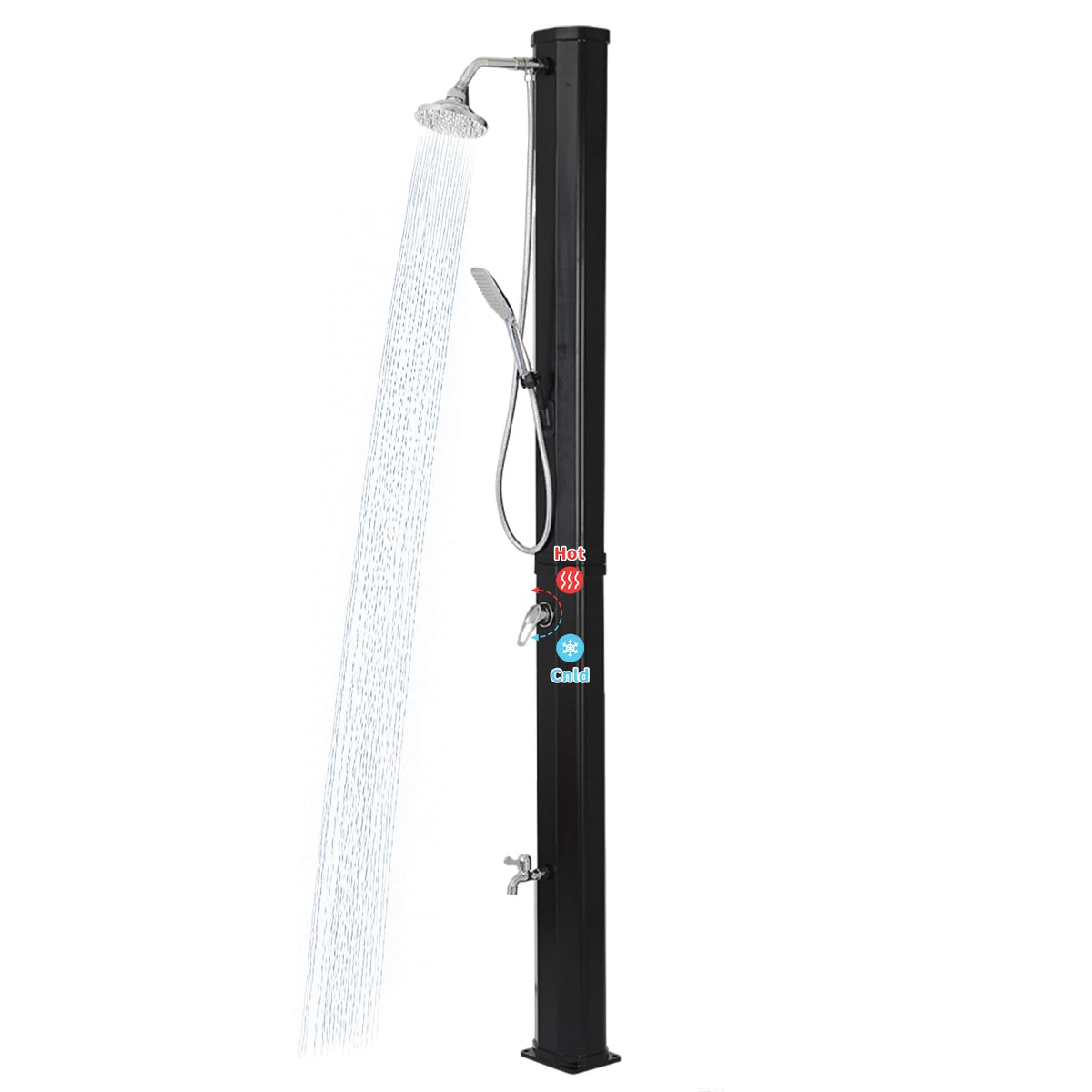 Nollapo solar heated outdoor shower front view with 9.3-gallon capacity