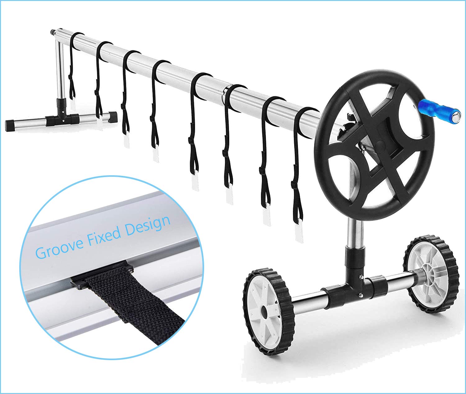 Nollapo solar pool cover reel helps reduce evaporation and maintain warmth for more enjoyable swims.