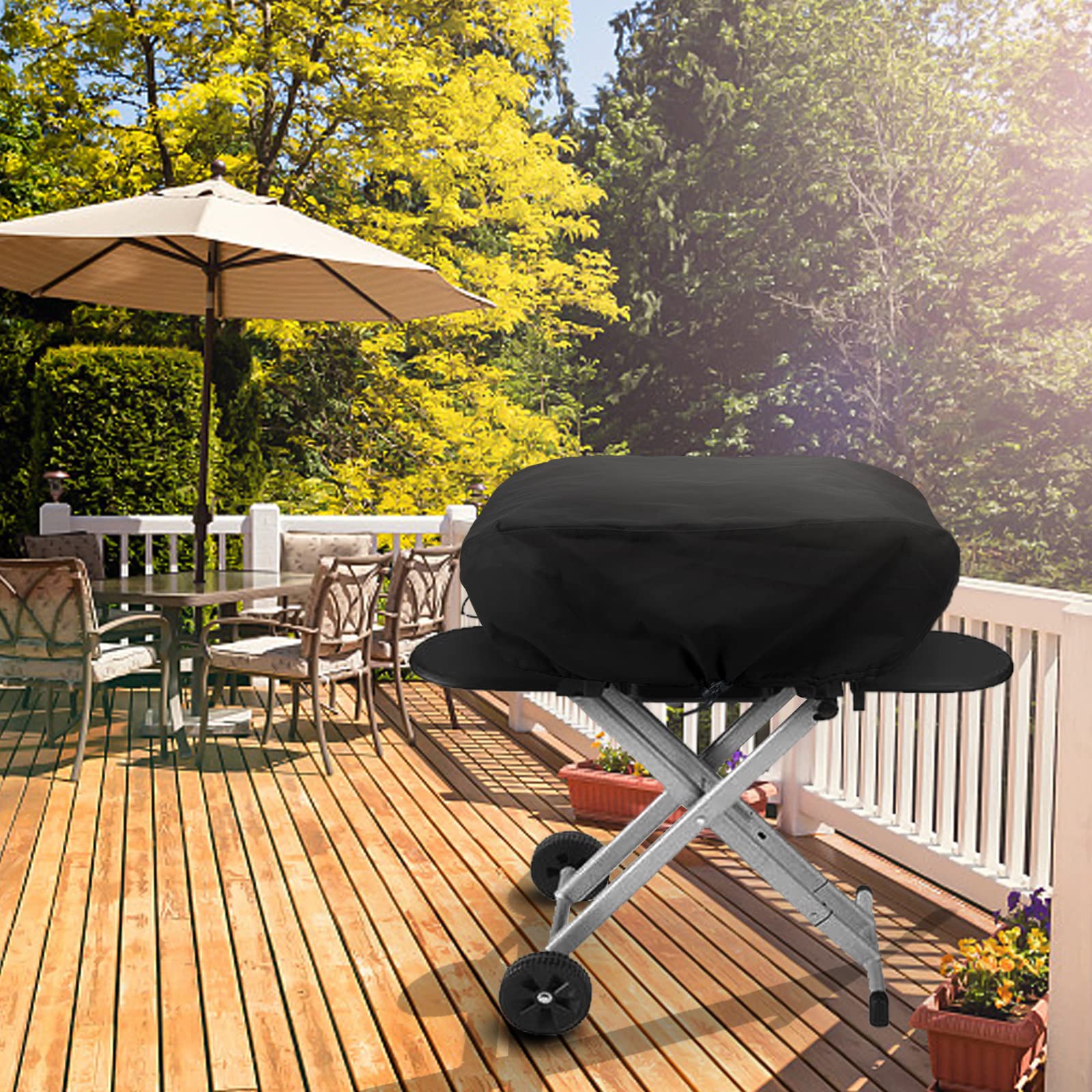nomiou grill cover with Velcro straps adds security in windy conditions.