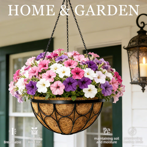 Nongcunren 12-inch hanging basket side view highlights durable frame for balcony and patio use.