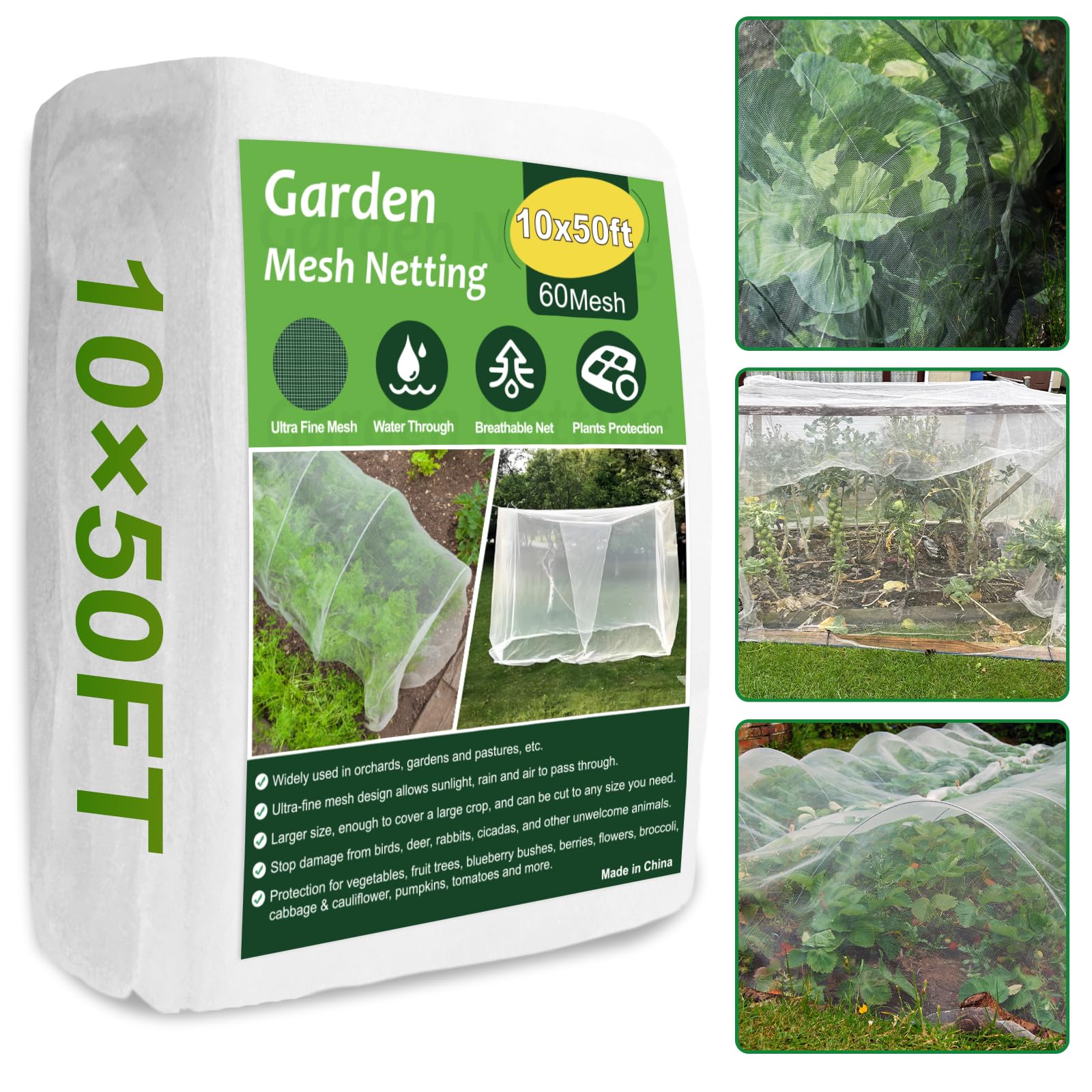 NONMON Garden Netting 10x50ft over crops provides bird and pest protection while maintaining light and airflow