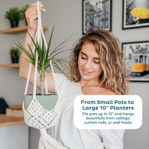 Nook Theory cream macrame hangers fit 10-inch pots for larger plants.