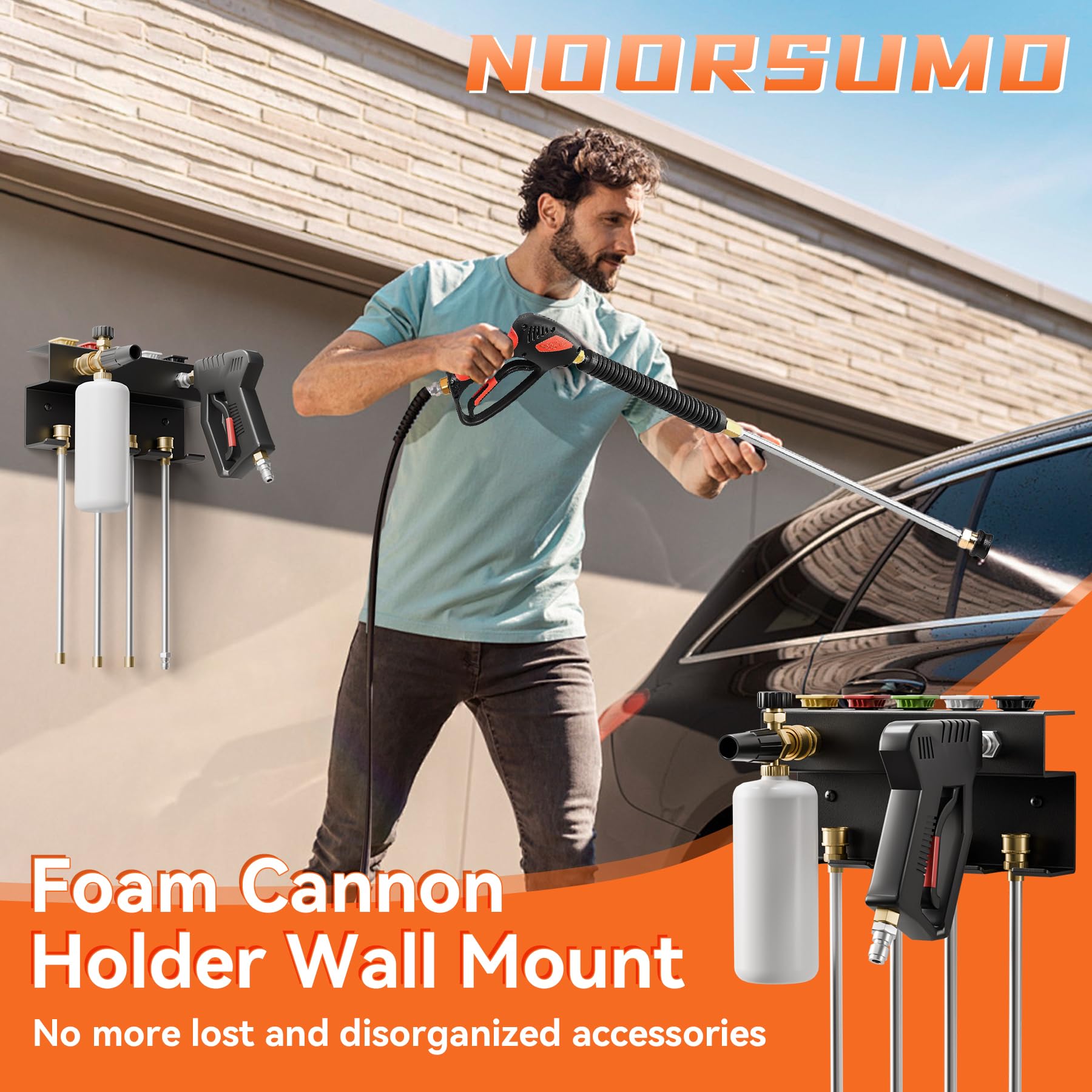 NOORSUMD car-wash accessories organizer stores guns, nozzles, and tips neatly.