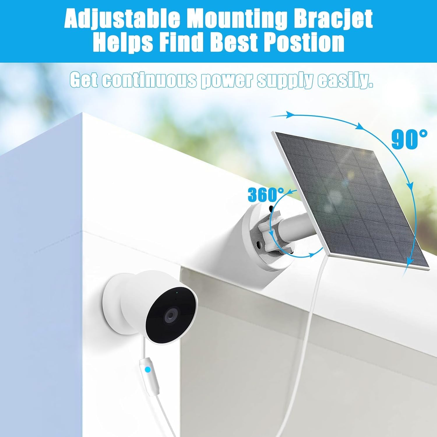 Nooukut 360° bracket shows adjustable angle for best sun positioning.