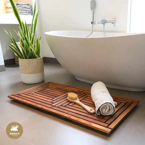 Nordic Style Teak Shower Mat non-slip feet ensures secure footing on wet surfaces.
