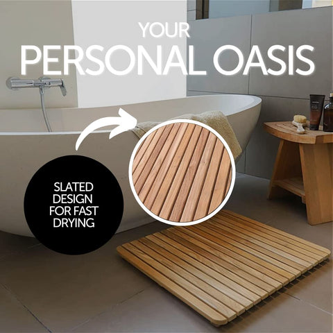 Bathroom scene with Nordic Style teak mat beside shower