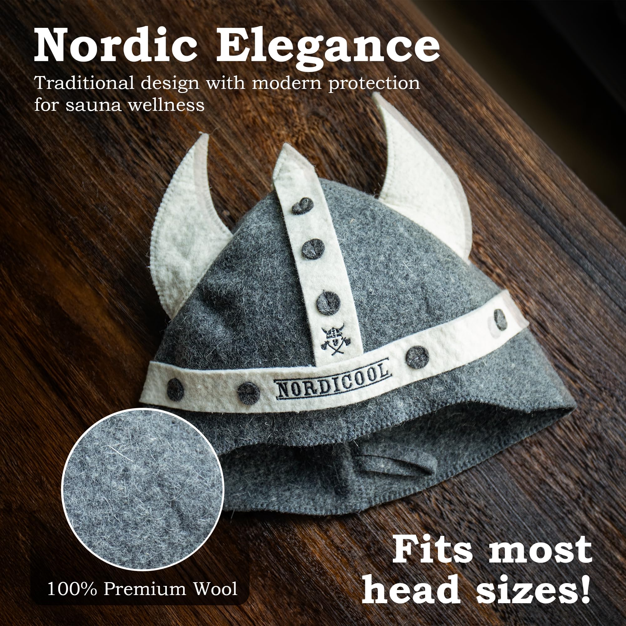 Nordicool premium wool sauna hat with thick insulation for long sessions.