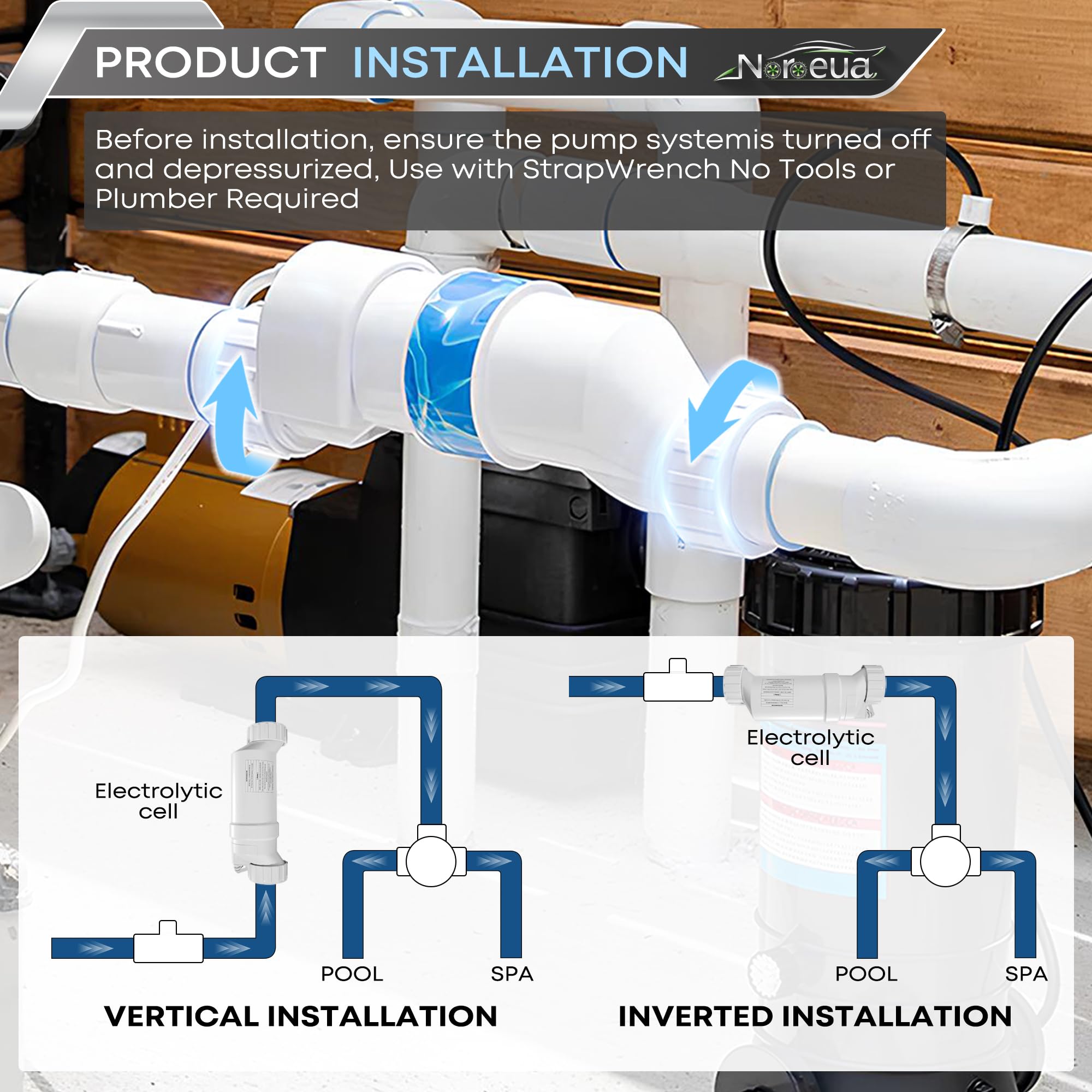 Noroeua Salt Cell T-15 replacement installation connection demonstrates quick setup.