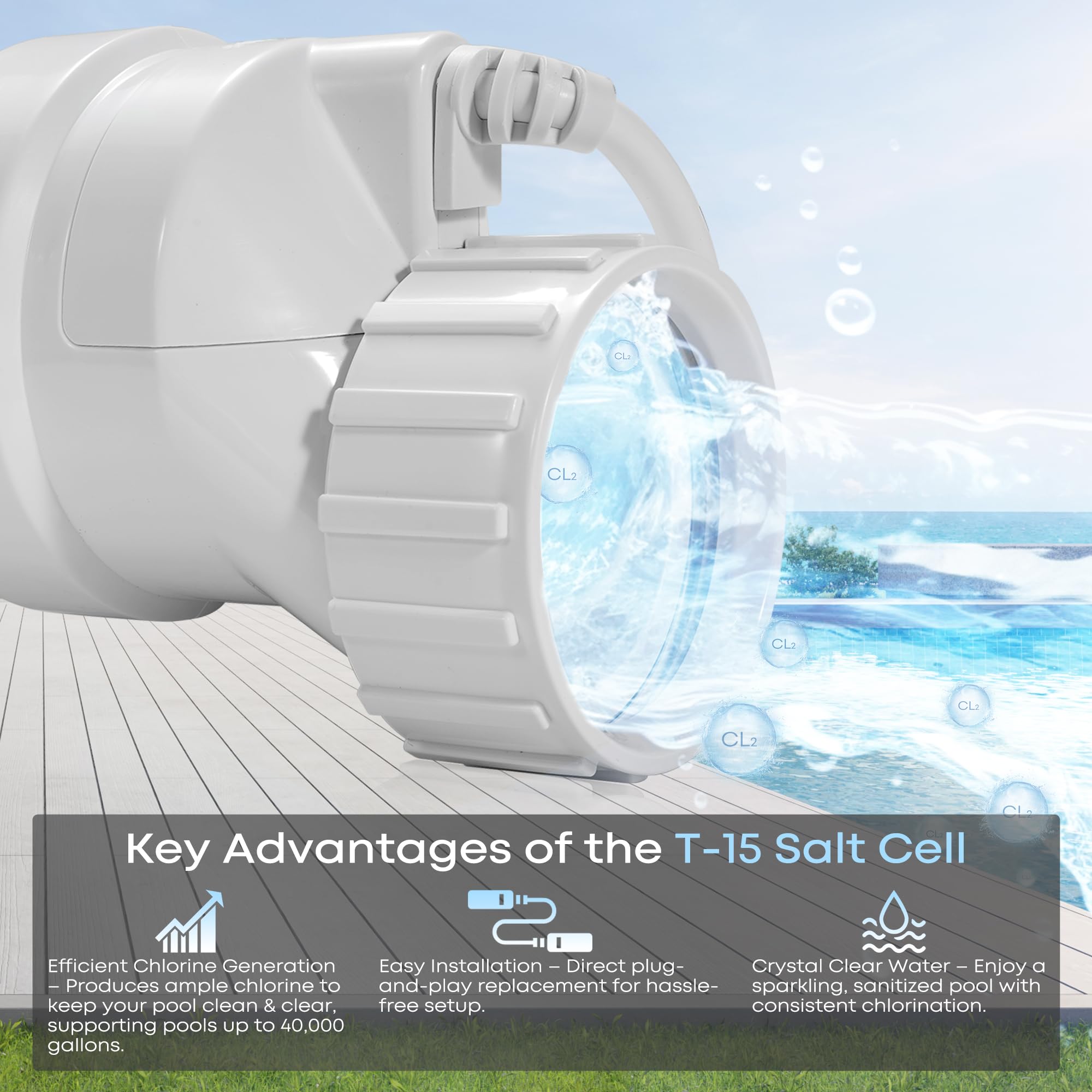 Noroeua Salt Cell T-15 replacement label confirms model and AquaRite compatibility.