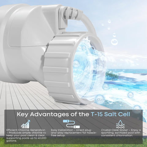 Noroeua Salt Cell T-15 replacement label confirms model and AquaRite compatibility.