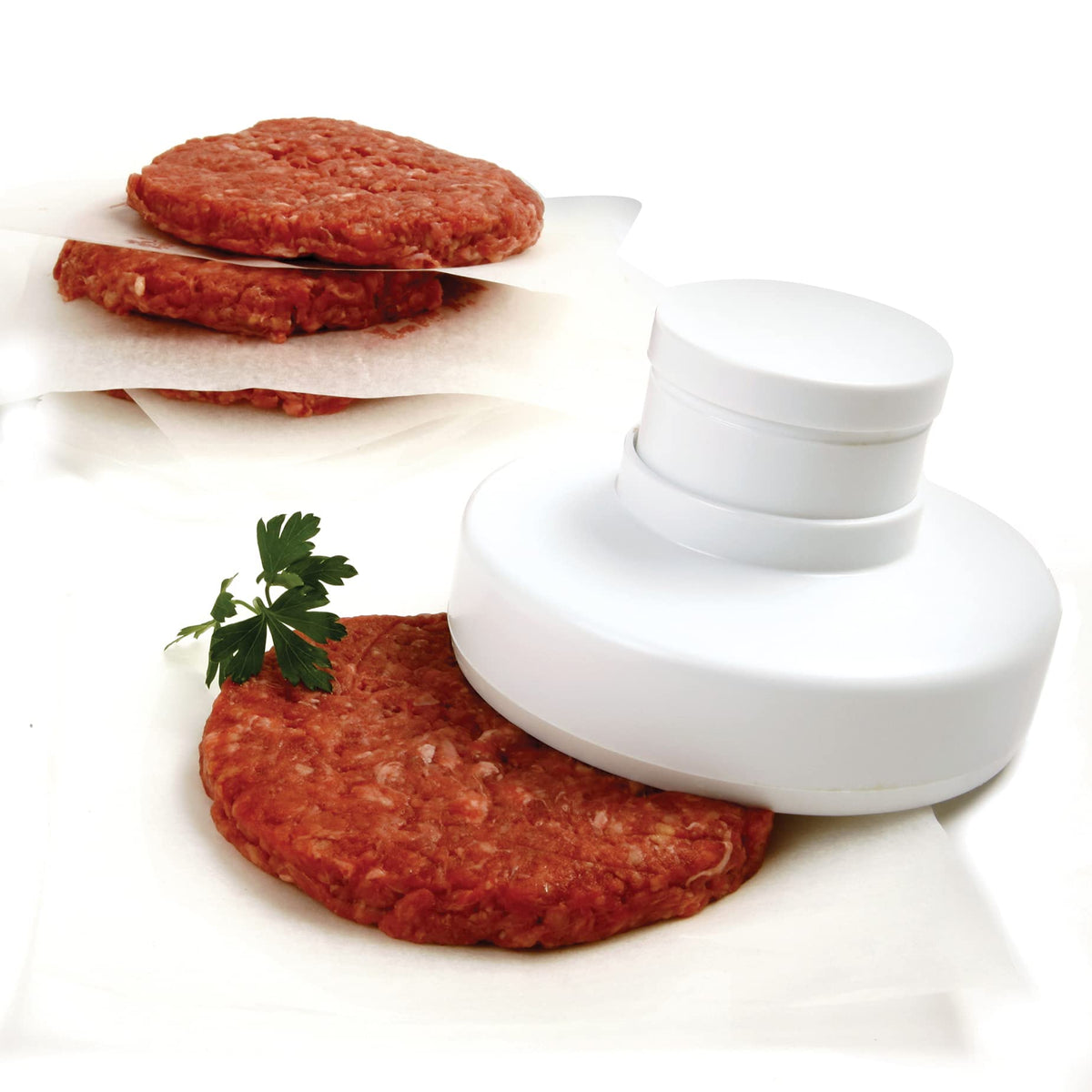 Norpro hamburger press assembly showing compact design for quick patty prep.