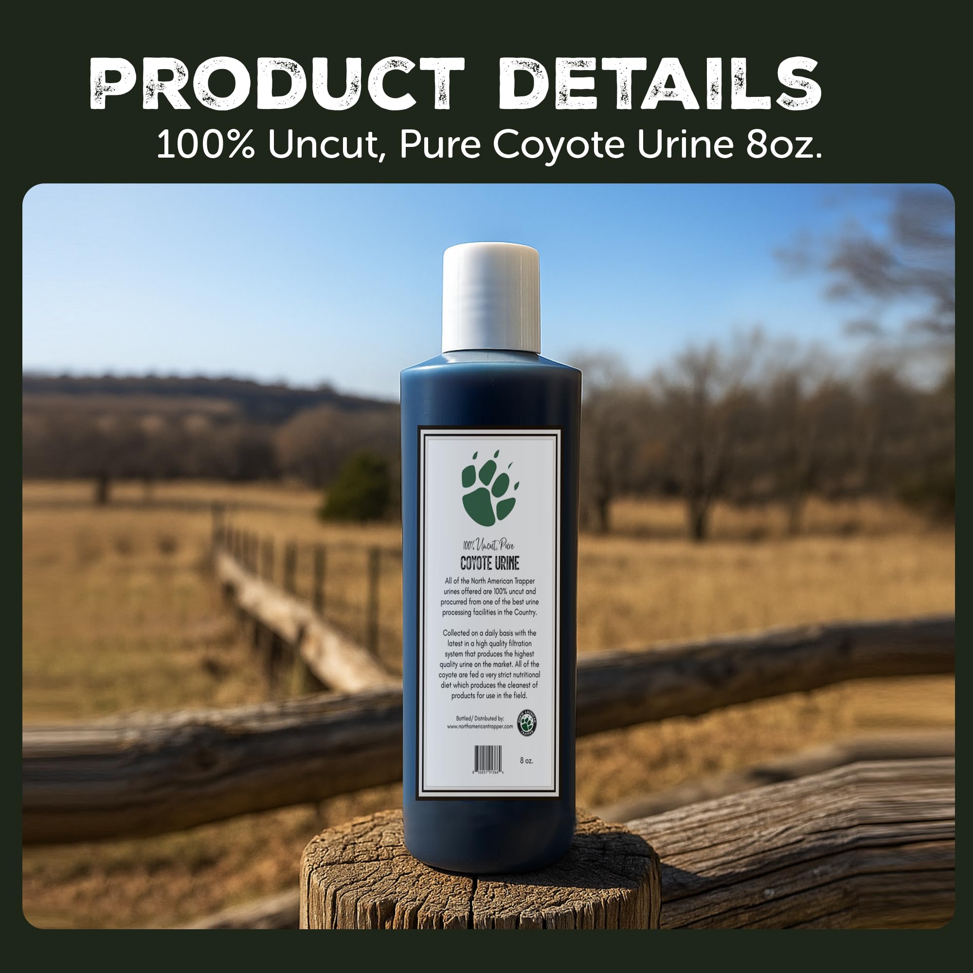 North American Trapper coyote urine bottle pour enables controlled, precise field application.