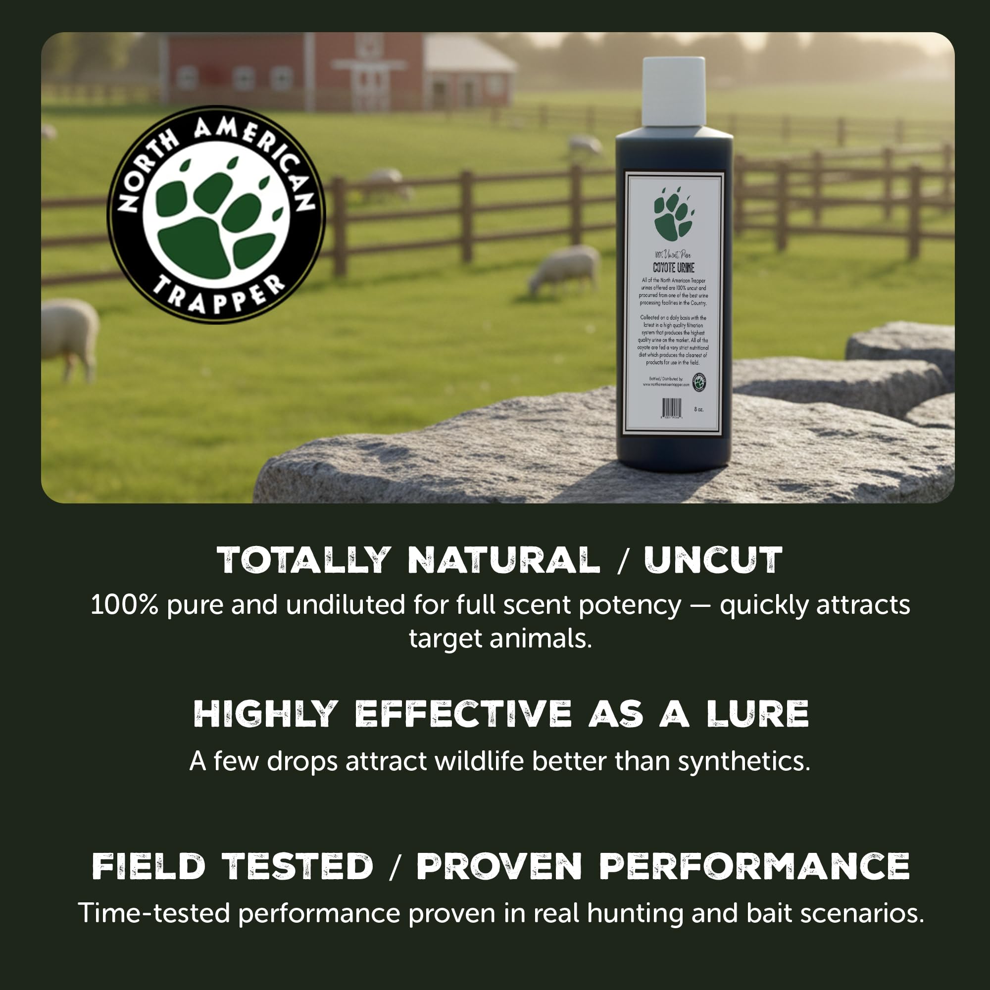 North American Trapper coyote urine weather-resistant formula for year-round use.