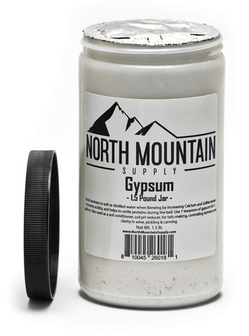 North Mountain Supply gypsum jar close-up showing powder for soil conditioning