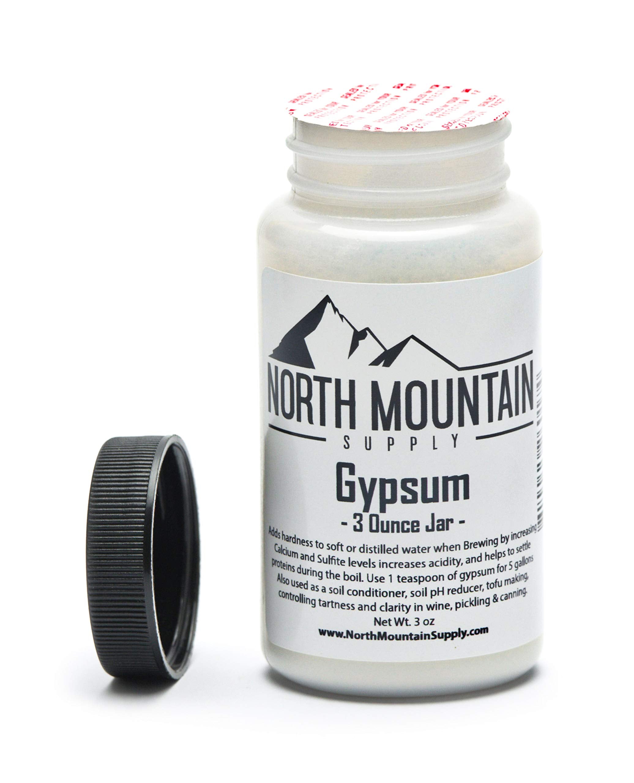 North Mountain Supply gypsum jar inside view, supports garden soil calcium and sulfur balance for healthier plants.