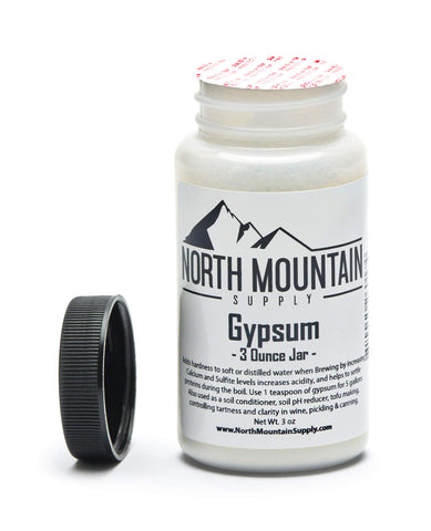 North Mountain Supply gypsum jar inside view, supports garden soil calcium and sulfur balance for healthier plants.