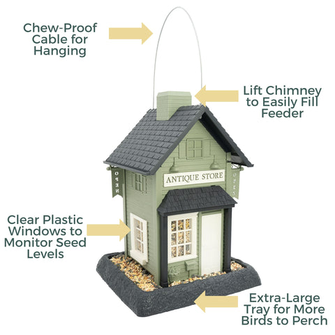 North States Antique Store birdfeeder sign adds storefront charm