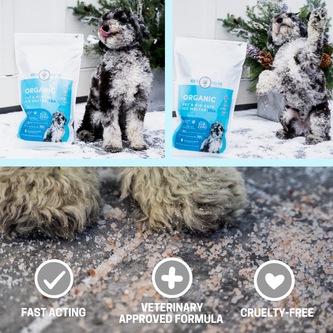 Northern Salt North Pro Paw bag highlighting low-corrosion formula for concrete safety.