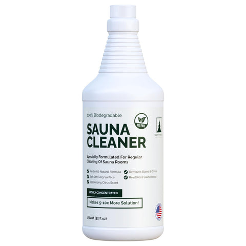 Northwood Sauna cleaner bottle pour demonstrates easy dosing for a spotless sauna surface.