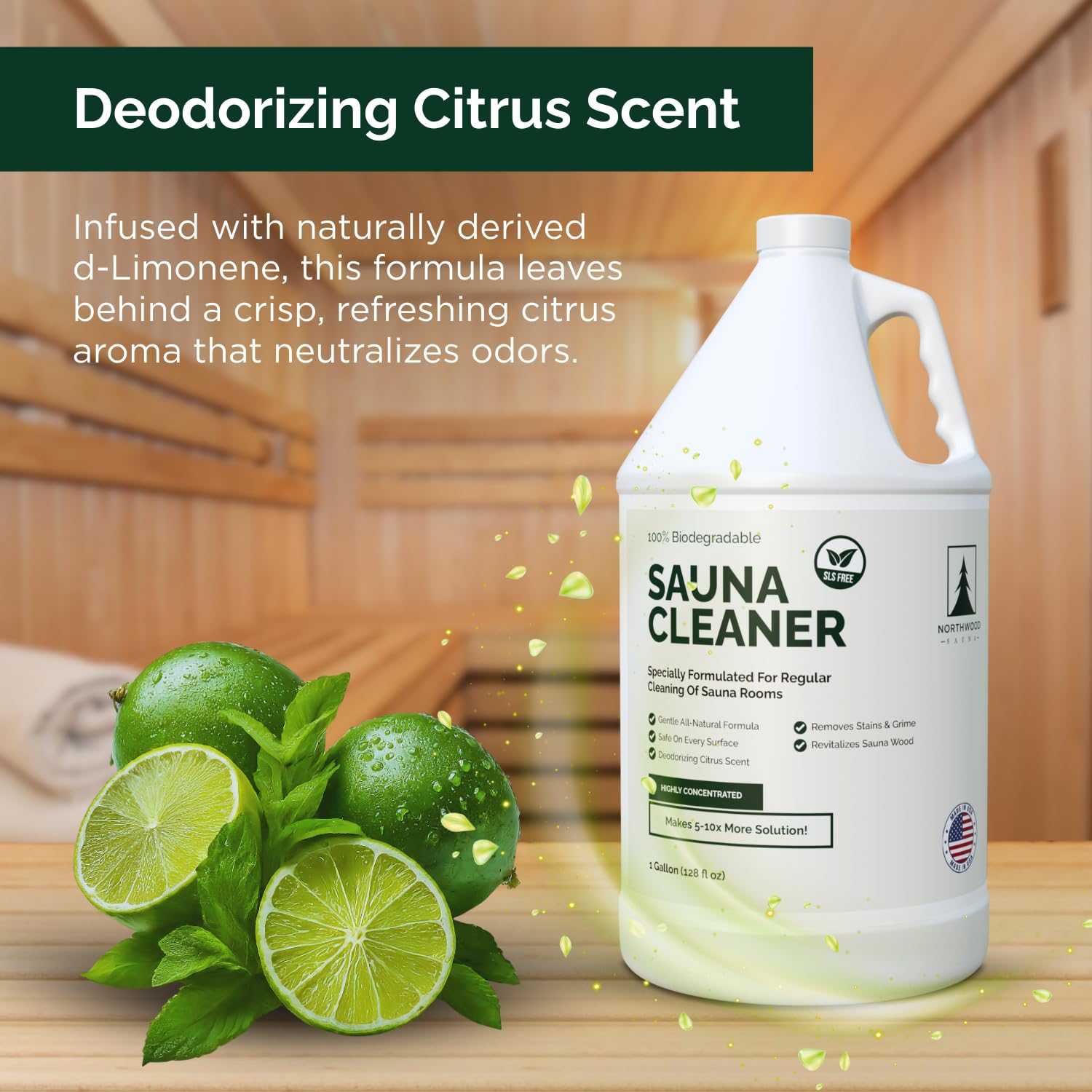 Northwood sauna cleaner with citrus scent creates a fresh sauna atmosphere.