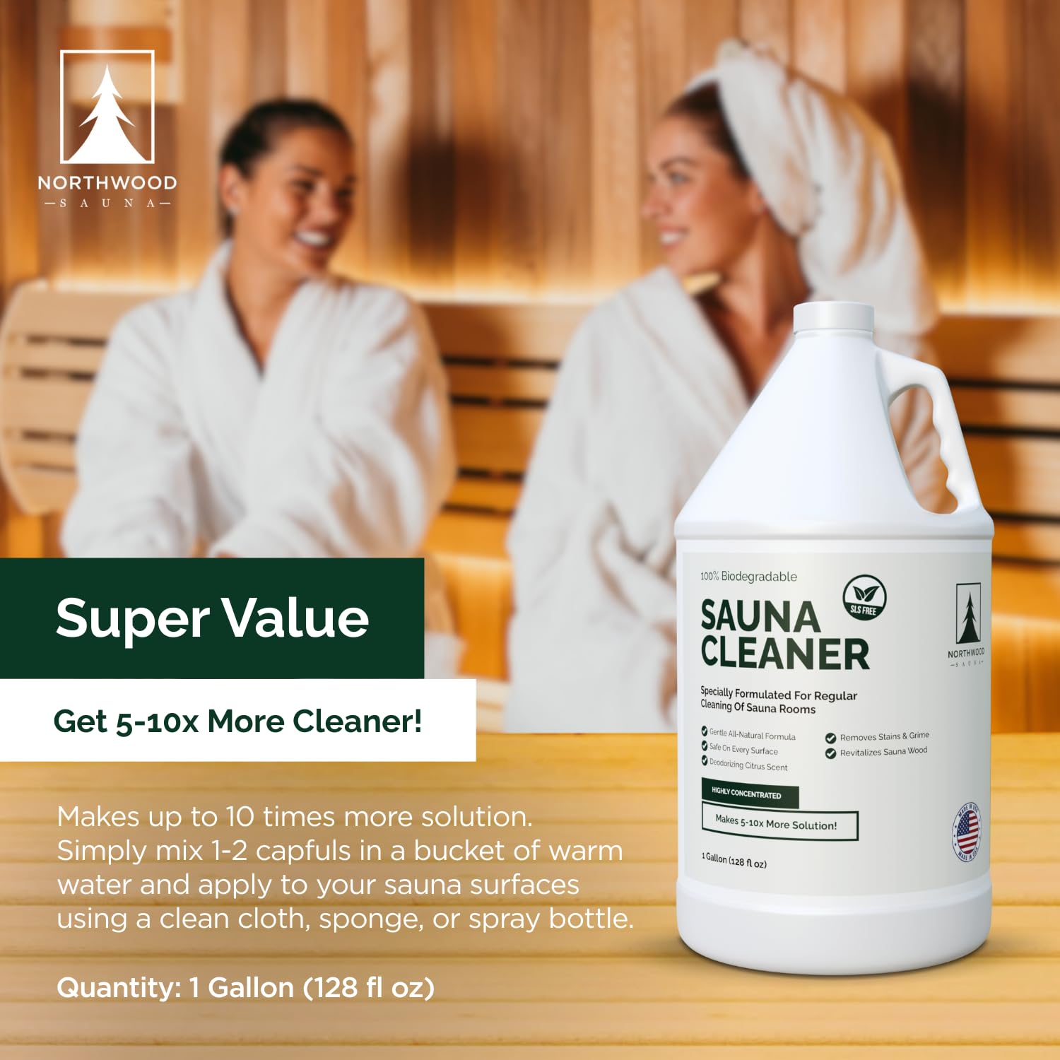 Northwood sauna cleaner dispensing cap shows easy dilution for 1-2 capfuls per bucket.