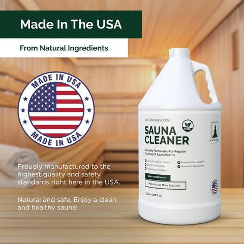 Northwood sauna cleaner gallon container highlights budget-friendly 10x concentrate.