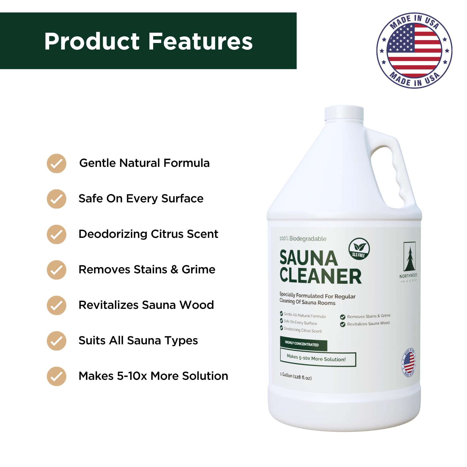 Northwood Sauna cleaner label closeup emphasizes citric aroma and deodorizing effect.