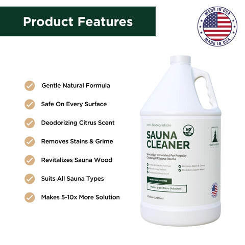 Northwood Sauna cleaner label closeup emphasizes citric aroma and deodorizing effect.