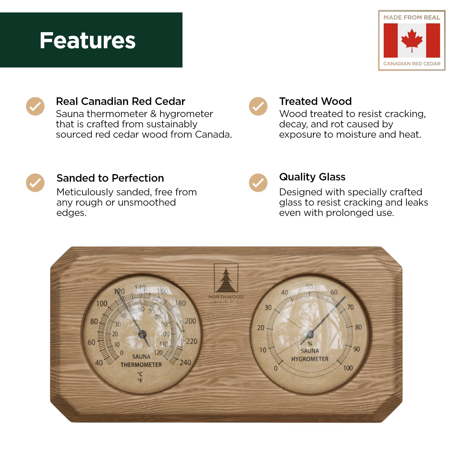 Northwood Sauna hygrometer humidity gauge tracks RH for comfortable conditions.