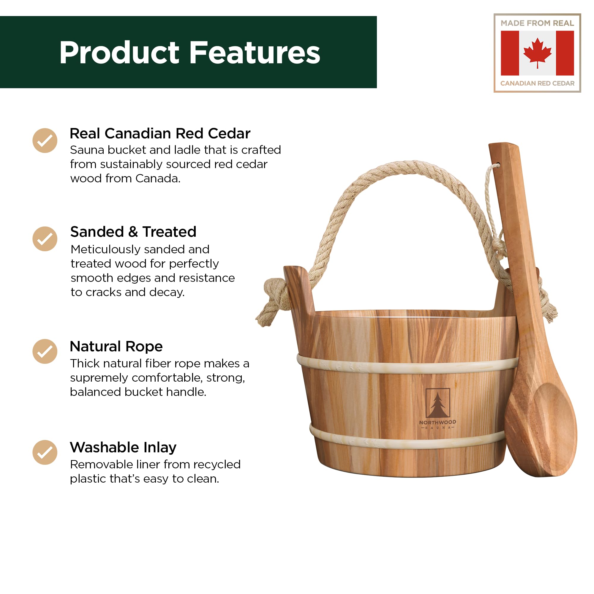 Northwood Sauna bucket close-up highlights sustainable red cedar grain and smooth finish.