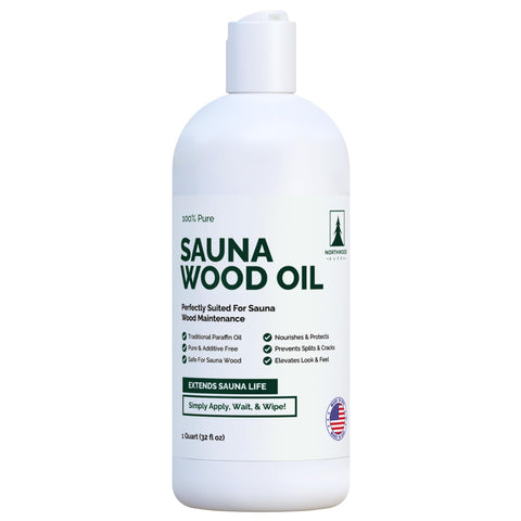 Northwood Sauna oil bottle pour shows easy application for protecting sauna wood.