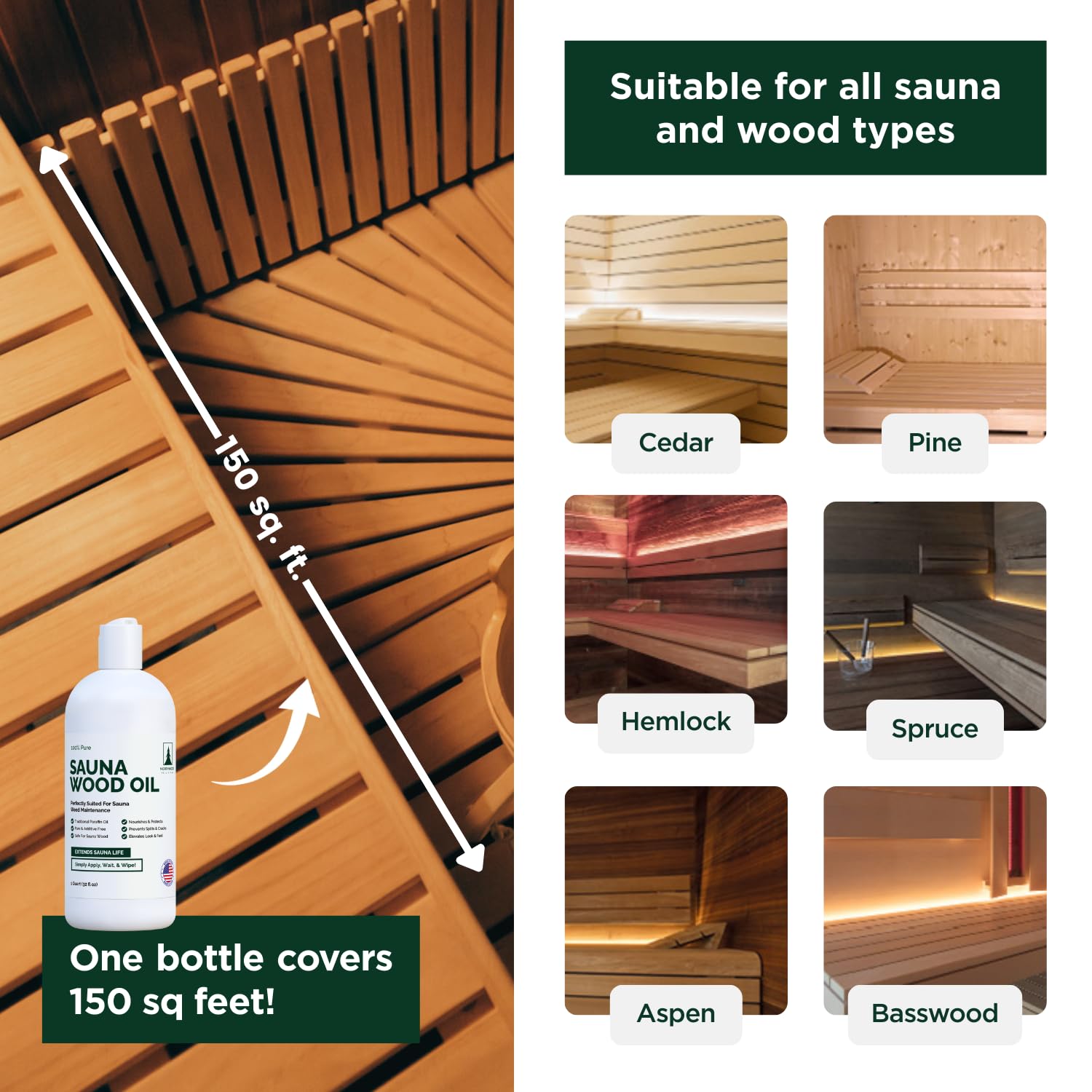Northwood Sauna oil cedar-pine-protection shows suitability for various wood types.