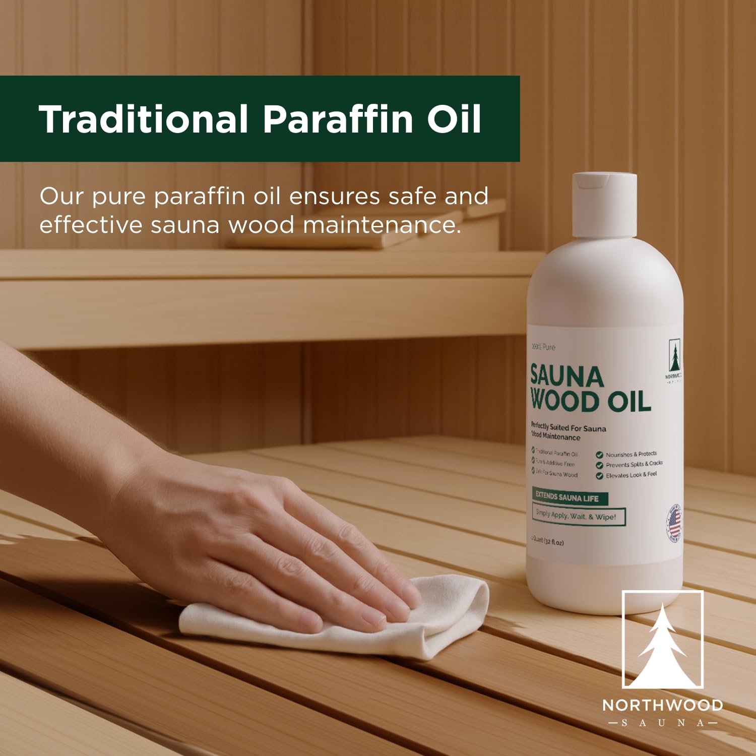 Northwood Sauna oil surface-renewal suggests restoring wood texture and look.