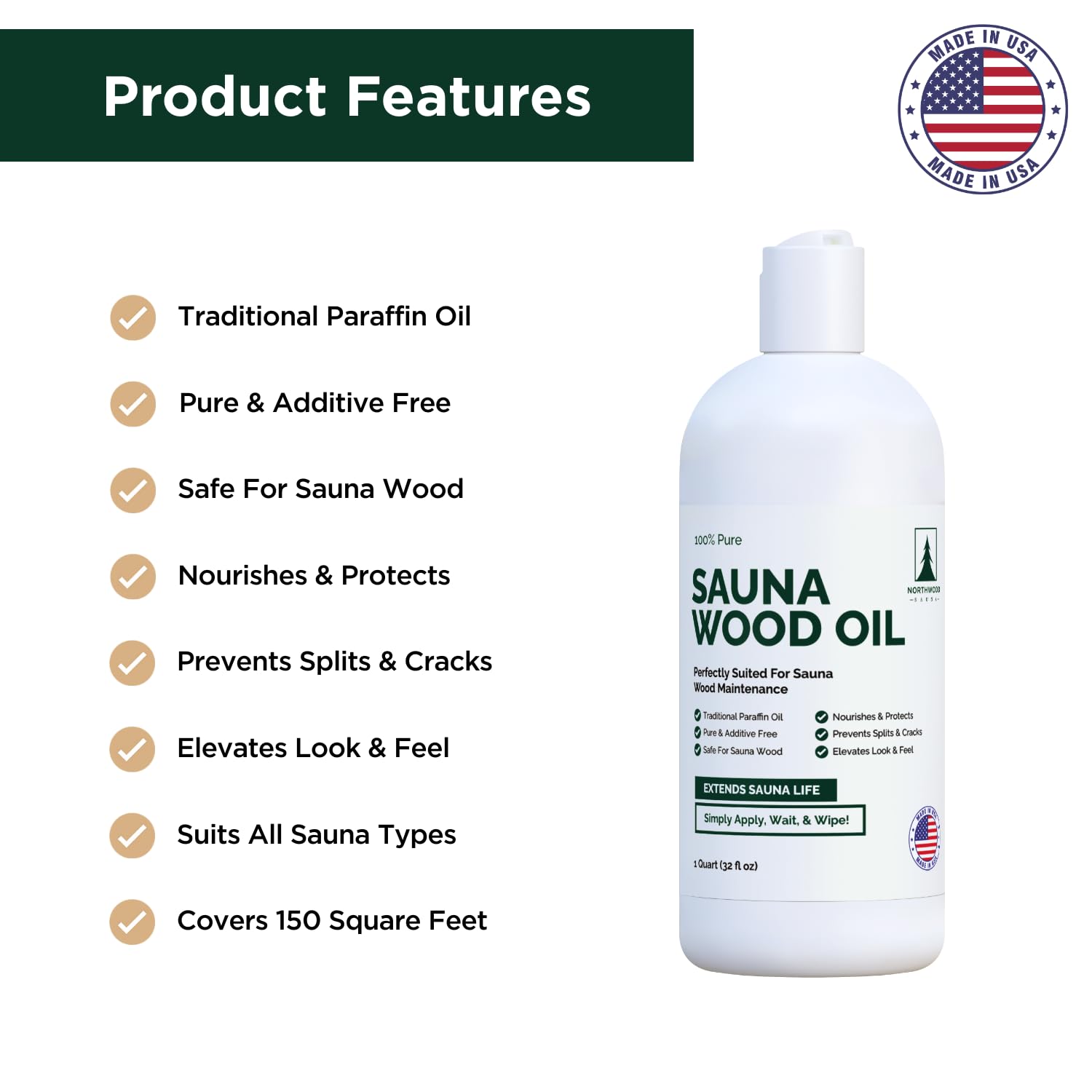 Northwood Sauna oil wood-application illustrates penetrating seal for moisture resistance.