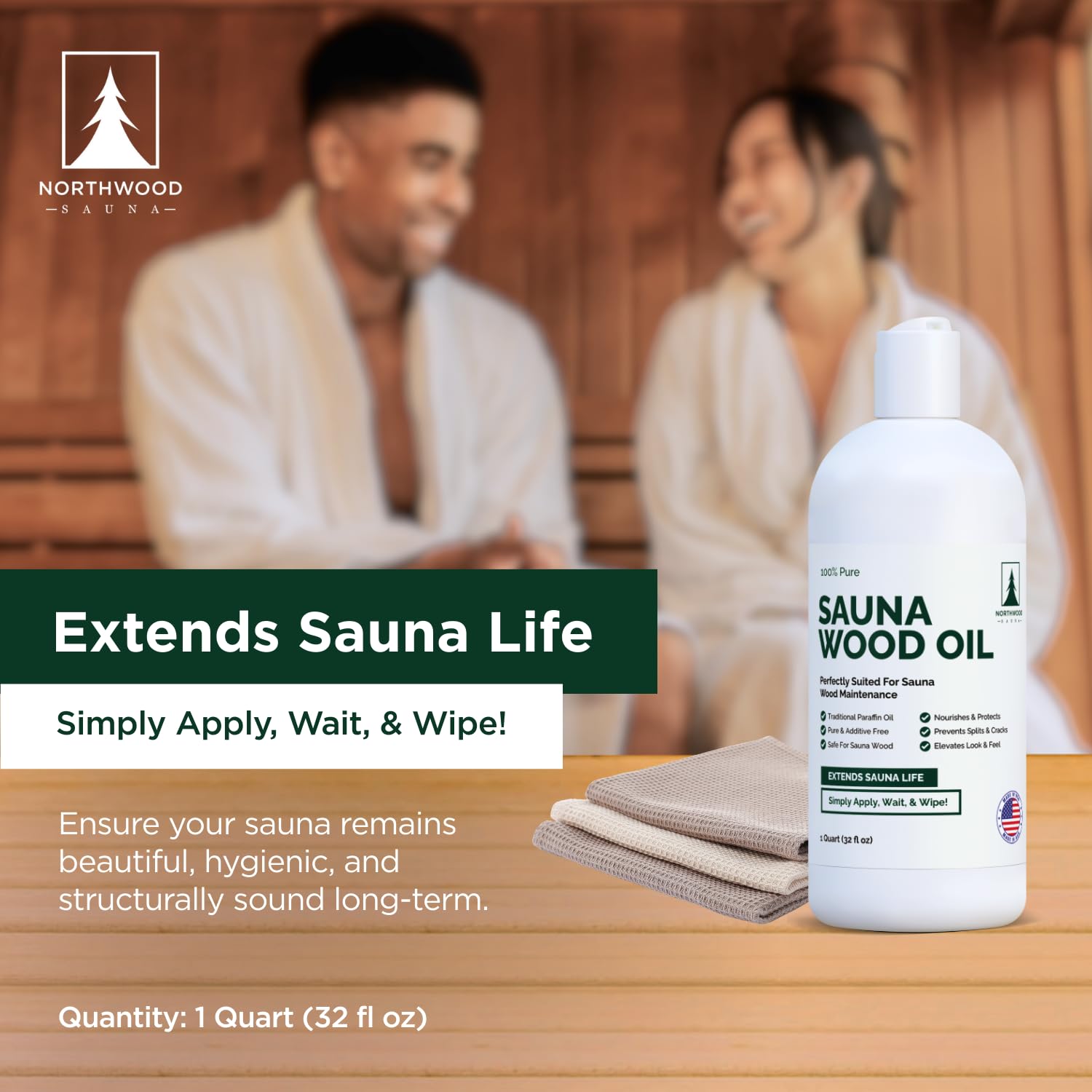 Northwood Sauna oil wood-coverage highlights coverage of up to 150 square feet.