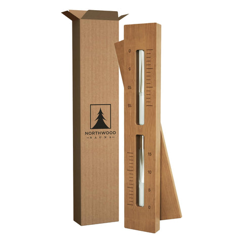 Northwood Sauna sand timer wall-mount shows cedar finish for precise 15-minute sessions