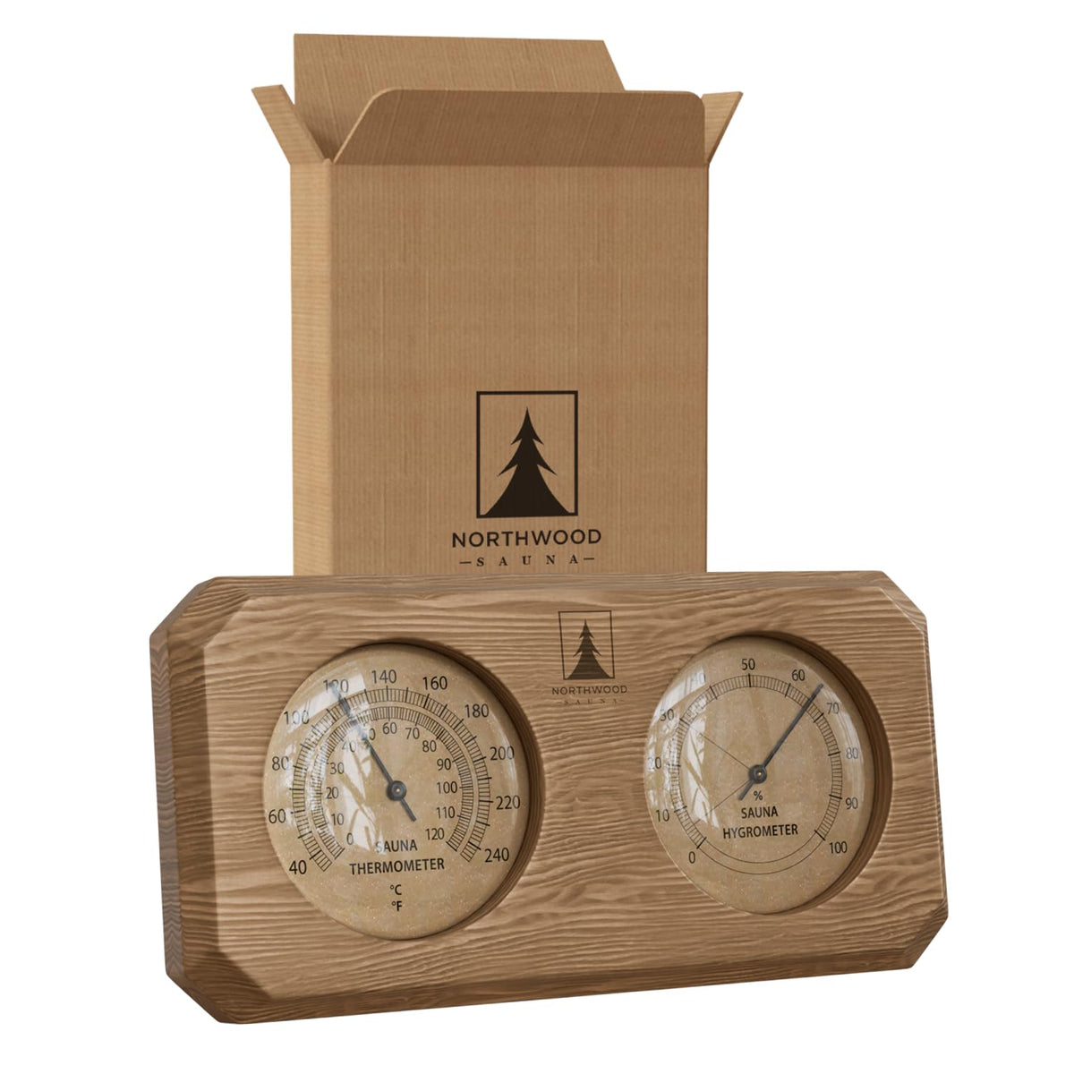 Northwood Sauna thermometer dial showing Fahrenheit and Celsius for easy readings.