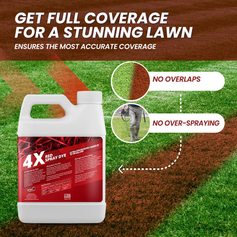 Not Rocket Sciences 32oz Red Spray Dye on turf highlights where you’ve sprayed.