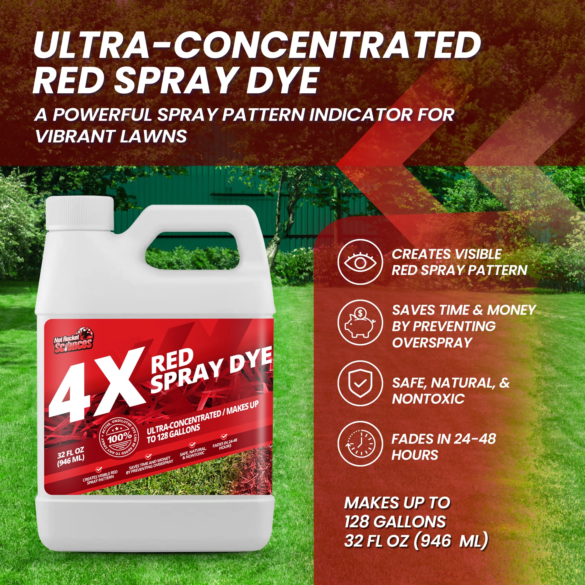 Not Rocket Sciences 32oz Red Spray Dye spray pattern shows clear coverage on turf.