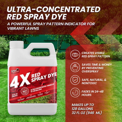 Not Rocket Sciences 32oz Red Spray Dye spray pattern shows clear coverage on turf.