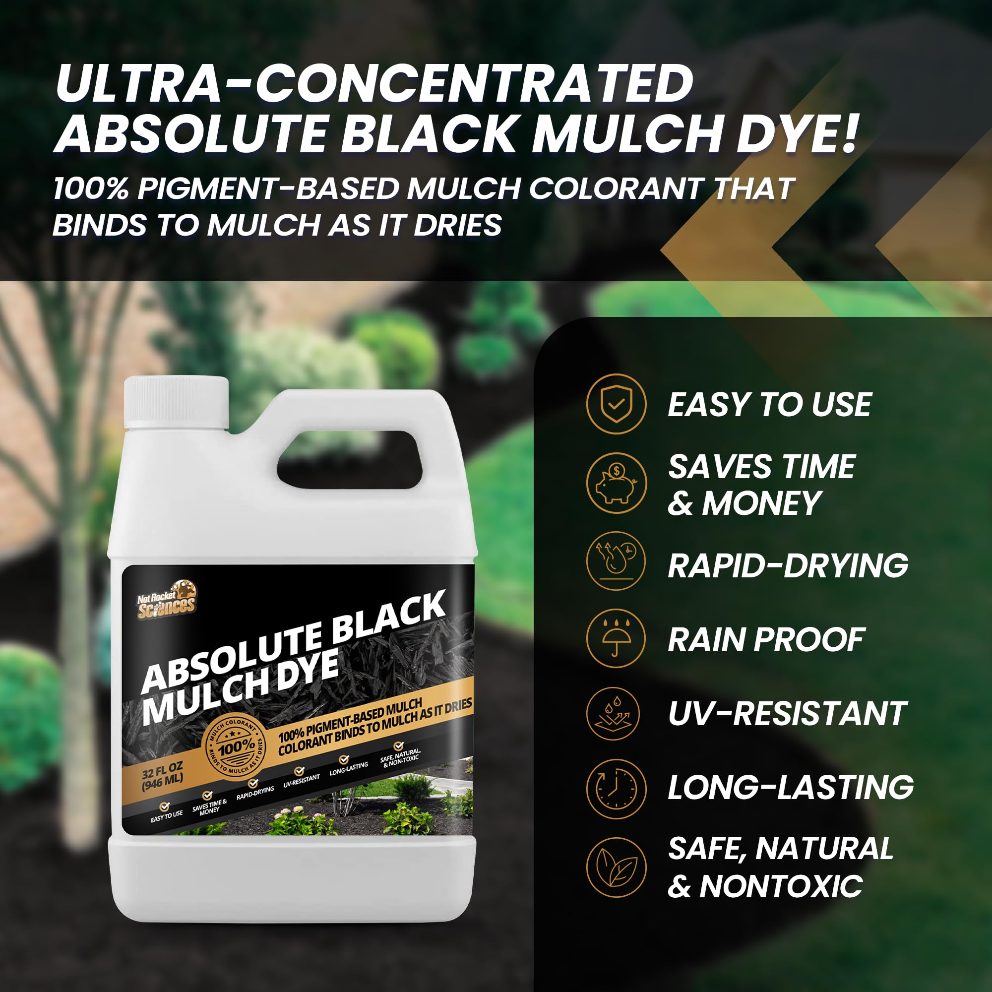 Not Rocket Sciences Absolute Black Mulch Dye applied to sun-bleached mulch for a refreshed landscape