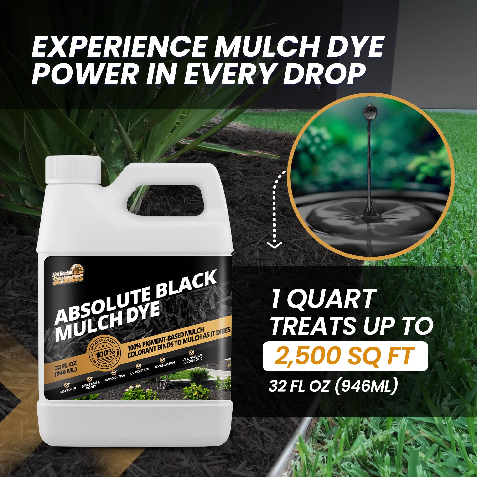 Not Rocket Sciences Absolute Black Mulch Dye label close-up highlighting pigment-based color