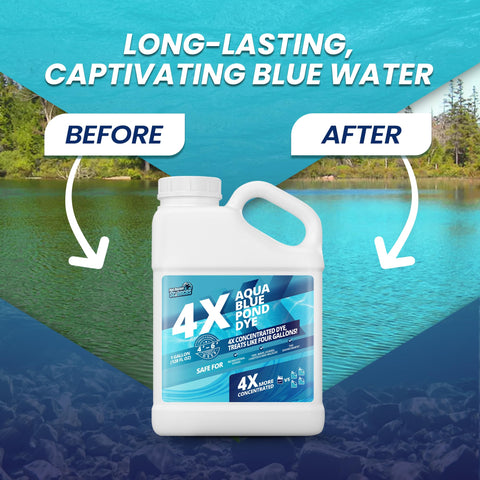 Not Rocket Sciences Aqua Blue Pond Dye bottle closeup shows easy no-mix application.