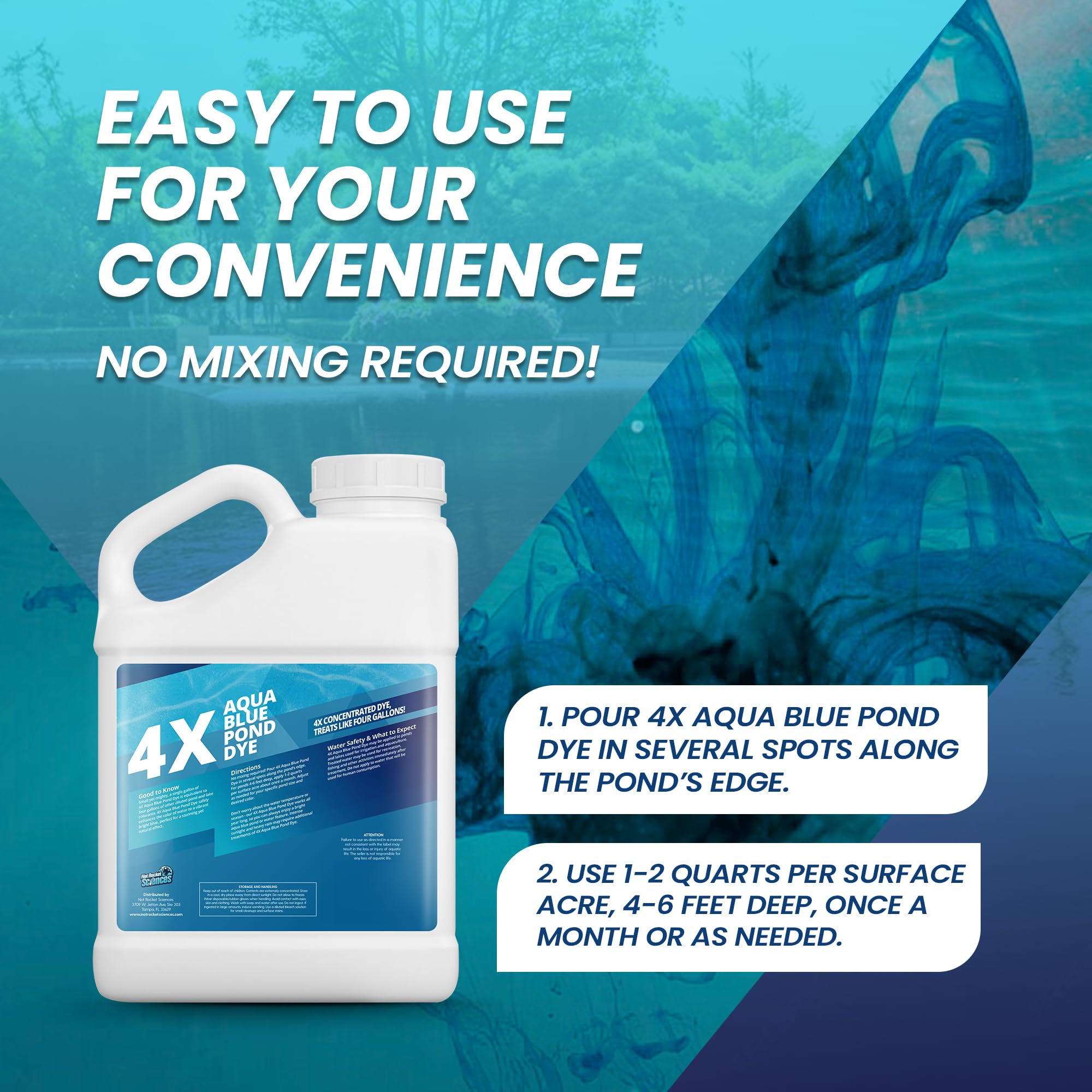 Not Rocket Sciences Aqua Blue Pond Dye covers large areas efficiently, per acre.