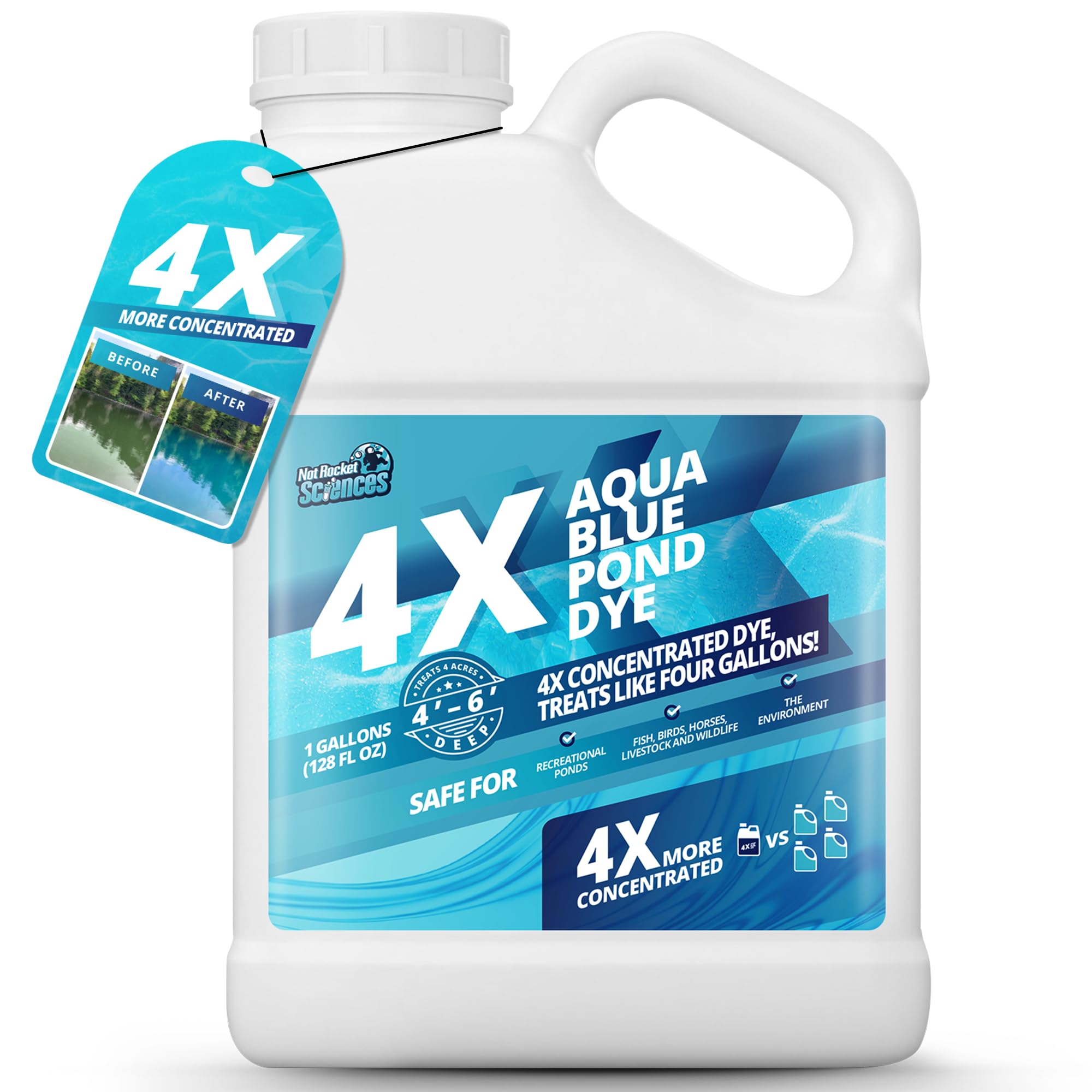 Not Rocket Sciences Aqua Blue Pond Dye being poured to color pond water instantly.