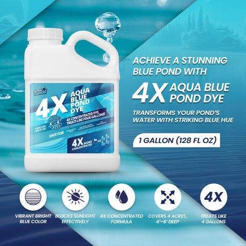 Not Rocket Sciences Aqua Blue Pond Dye creates vibrant blue water for striking pond visuals.