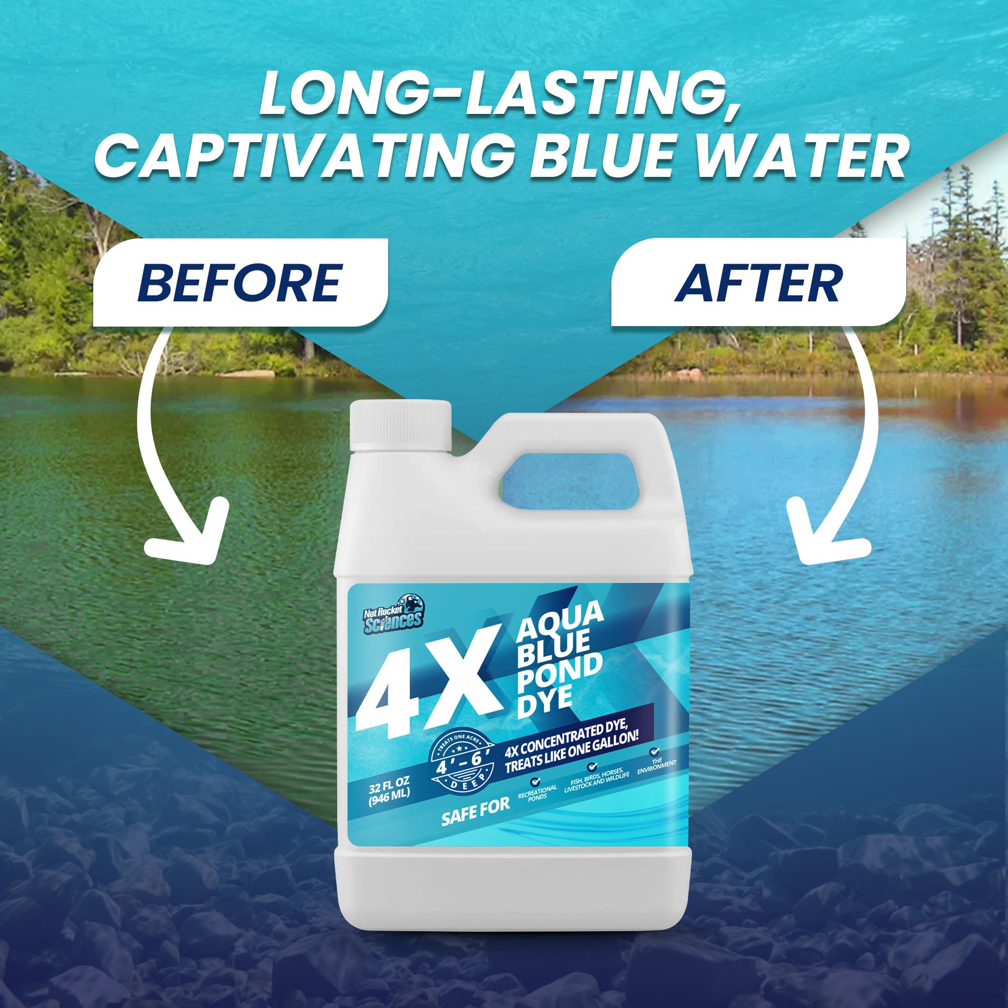 Deep blue water tint created by Not Rocket Sciences pond dye.