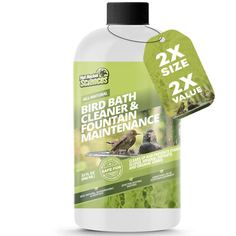 Not Rocket Sciences bird bath cleaner bottle pour demonstrates easy weekly dosing for clear water.